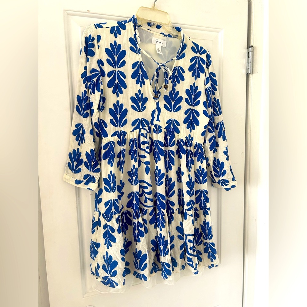 Japna Boho White and Blue Flowy Dress
